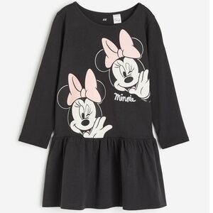 H&M Disney Girls Long Sleeve Black & Pink Minnie Mouse Print Dress Size 8-10